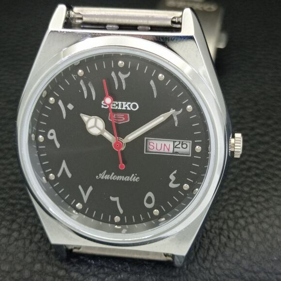 Vintage 1980 Seiko Automatic Mens Silver Watch W/daydate & Arabic accents - Picture 3 of 10